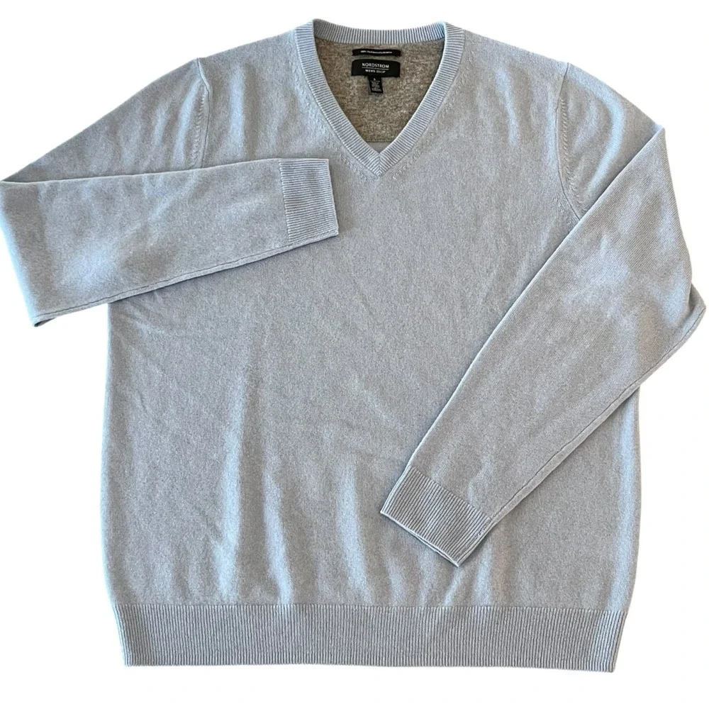 Nordstrom Mens Shop Sweater Mens Large Blue 100% Cashmere V-Neck Pullover